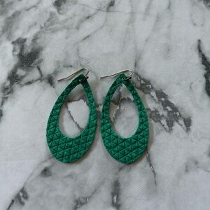 Leather Earrings - Green Open Raindrop Shape